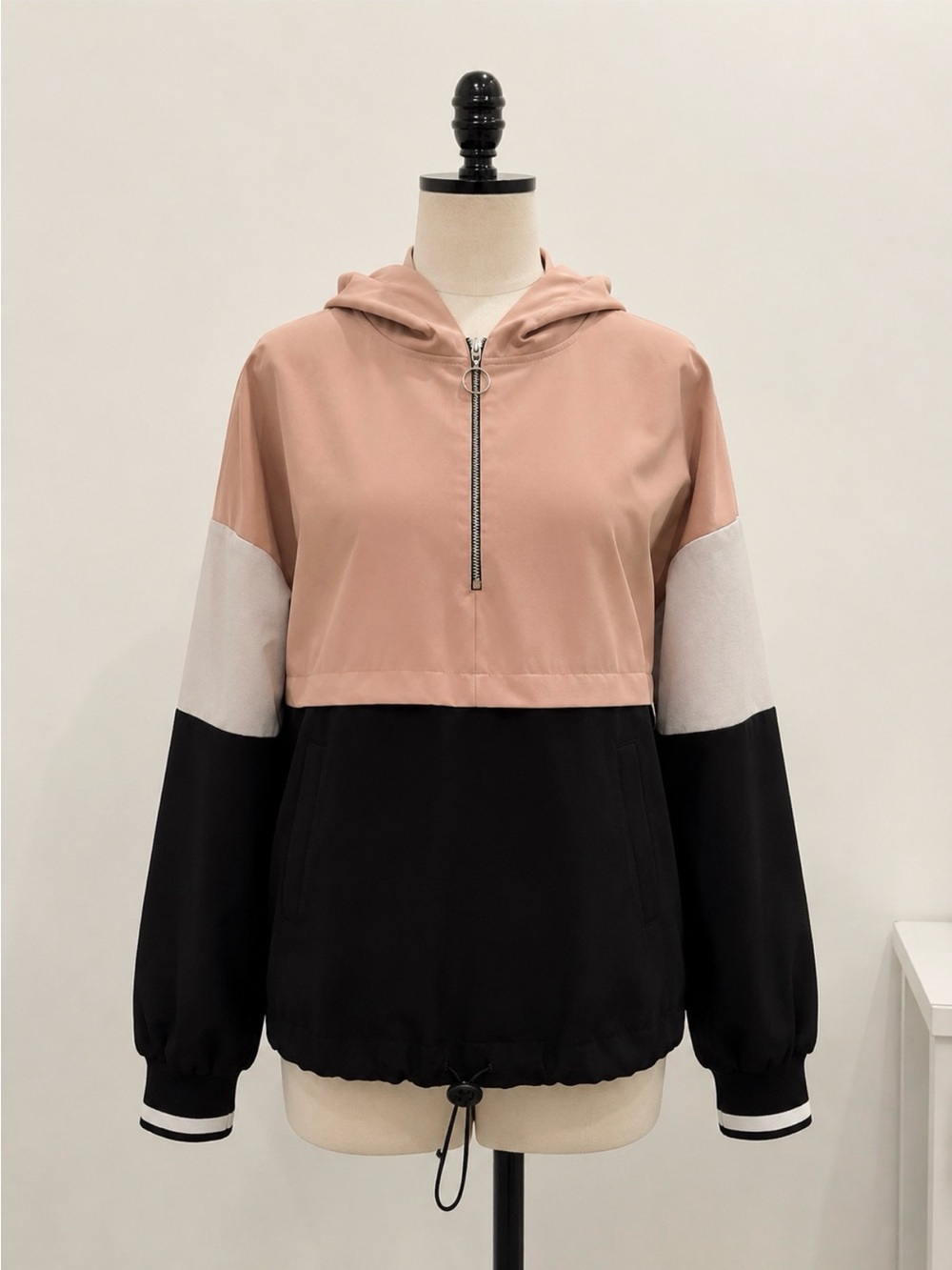Zara Colorblock Half Zip Hooded Windbreaker Jacket Blush Black White Size S